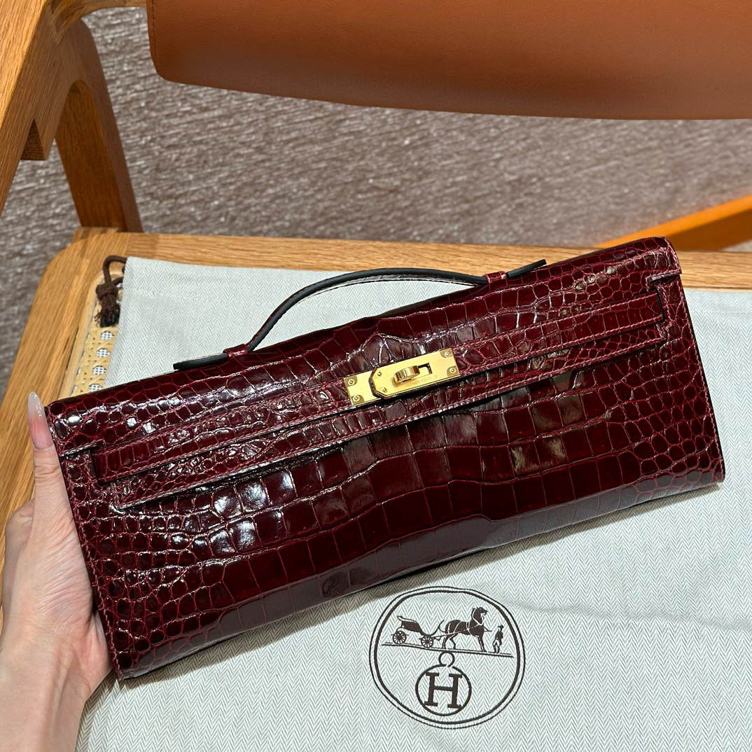 에르메스 Hermes Kelly cut 31cm Porosus Crocodile 57 Bordeaux/gold