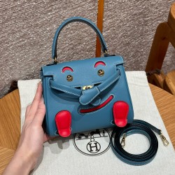 에르메스 Hermes Kelly Doll 16cm Swift 75 Blue Jean and i6 Rose Extreme/gold