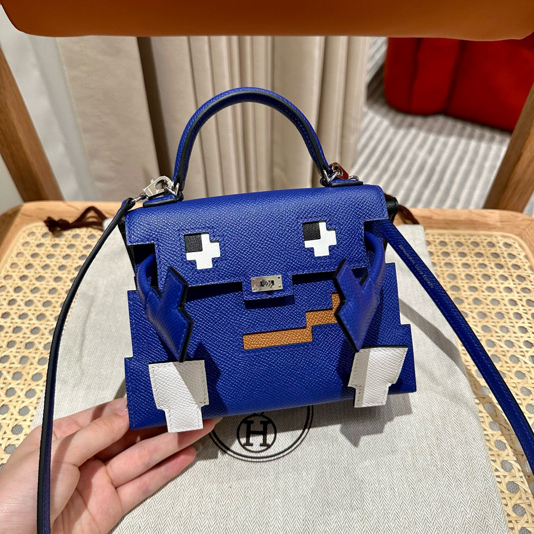 에르메스 Hermes Kelly Doll 19cm Epsom 7T Blue electric and 89 Noir/silver