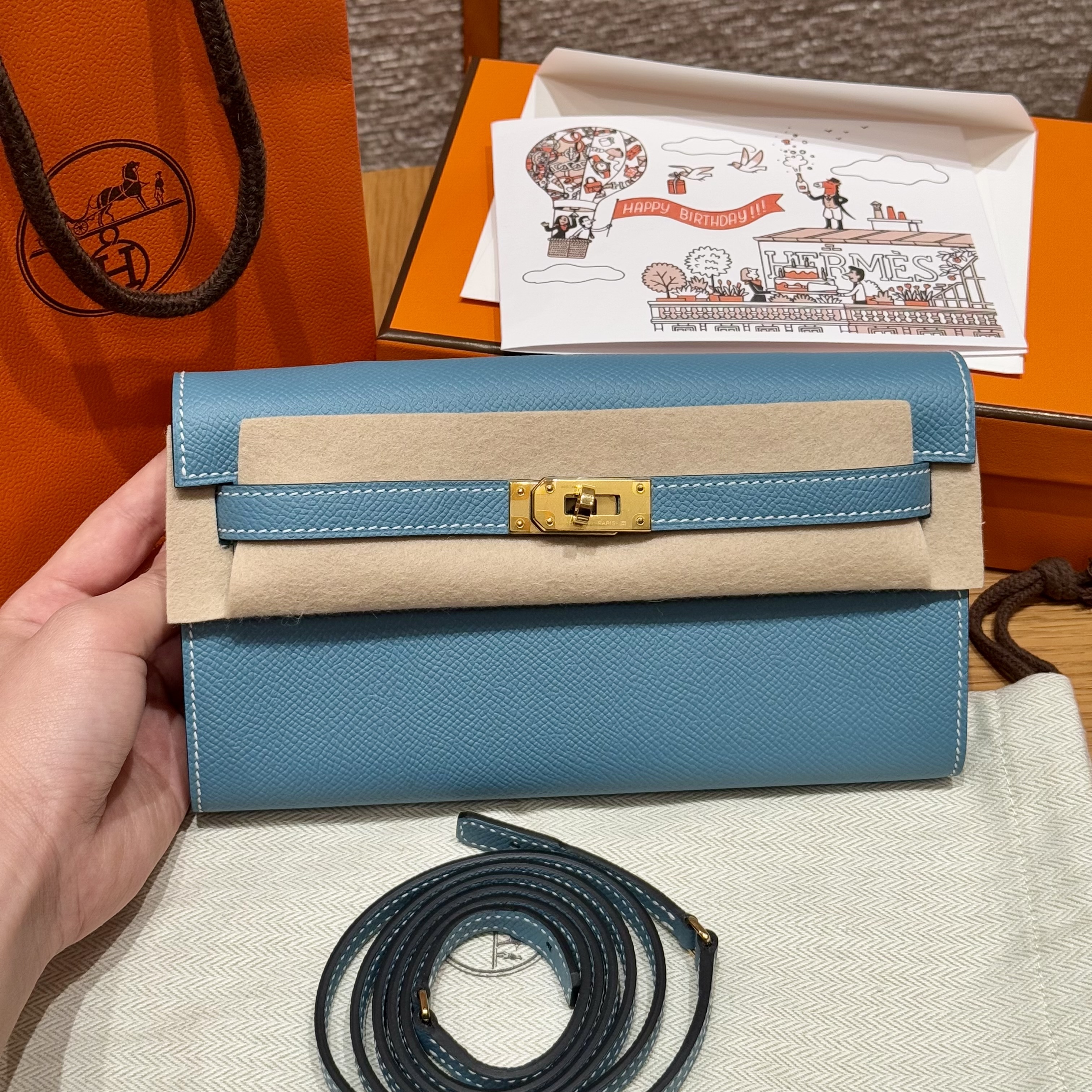 에르메스 Hermes  Kelly to go 19cm Epsom D2 New Blue Jean/gold