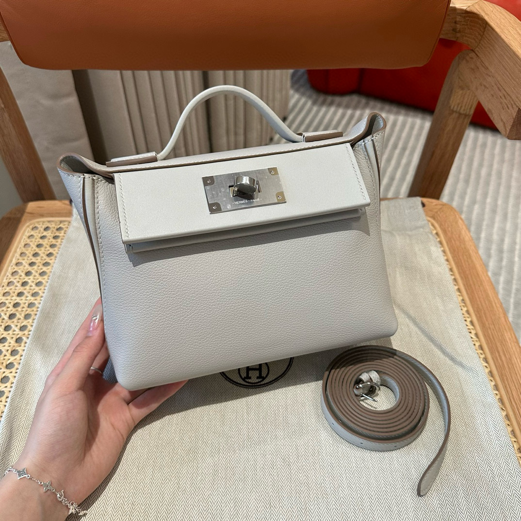 에르메스 Hermes Kelly 2424 21cm evercolor 80 Pearl Grey/silver