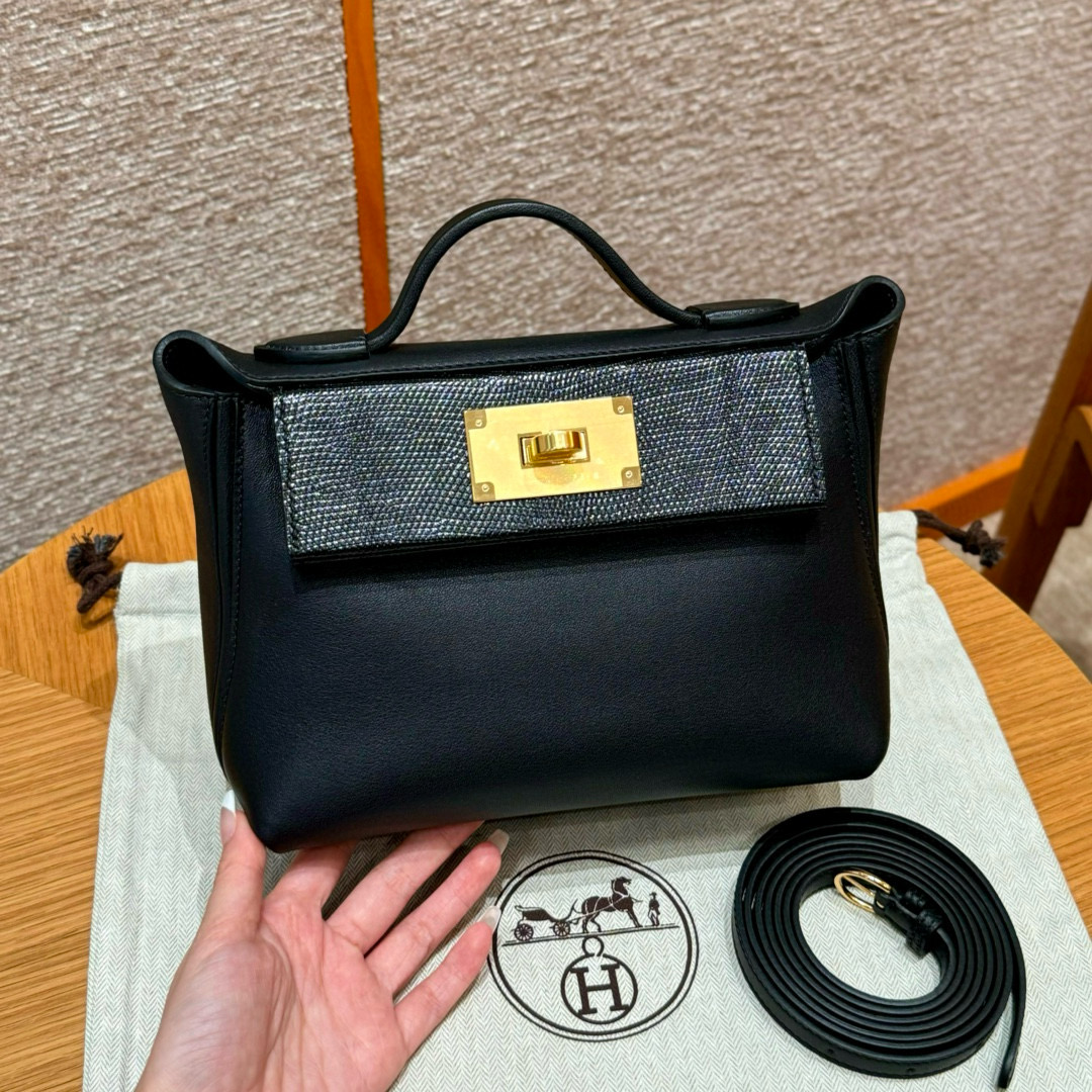 에르메스 Hermes Kelly 2424 21cm Swift and Lizard 89 Noir/gold