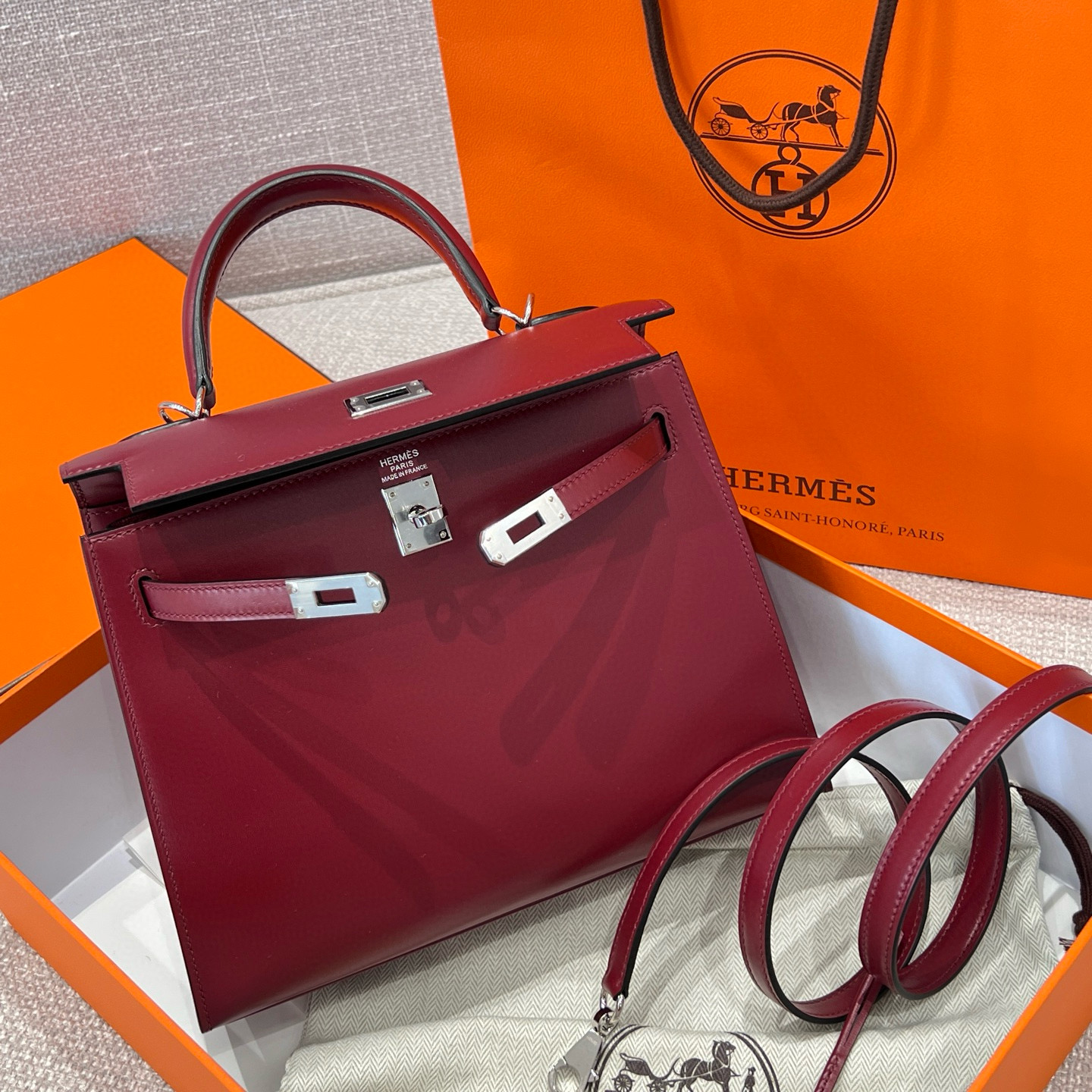 에르메스 Hermes Kelly 25cm Box 55 Rouge H/silver