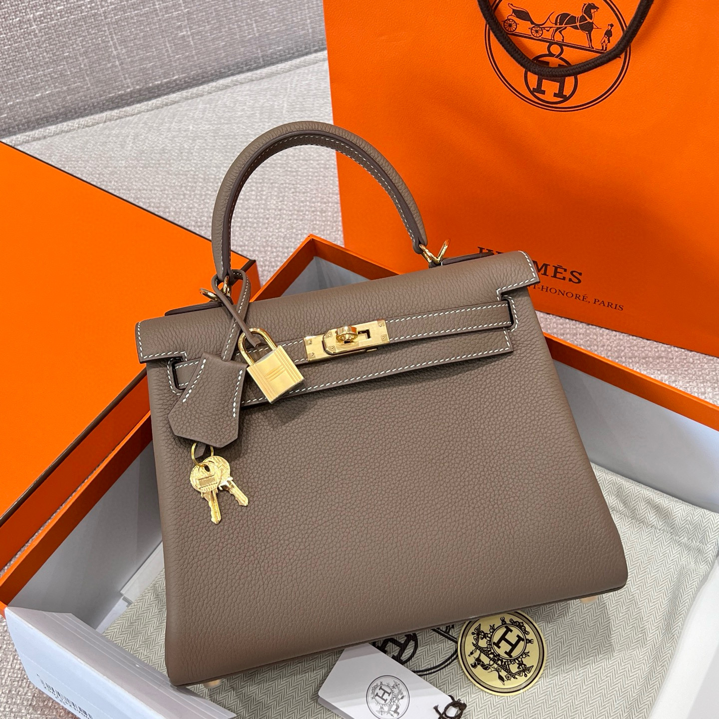 에르메스 Hermes Kelly 25cm Germany Leather 18 Etoupe/silver