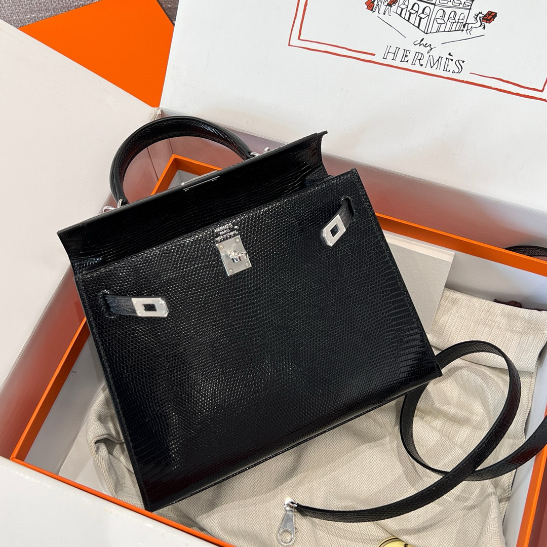 에르메스 Hermes Kelly 25cm Lizard 89 Noir/silver