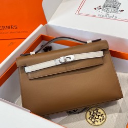에르메스 Hermes Kelly Pochette Swift 3G Alezan and 8L beton/silver