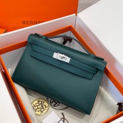 에르메스 Hermes Kelly Pochette Swift 6Q Vert Emeraude/silver