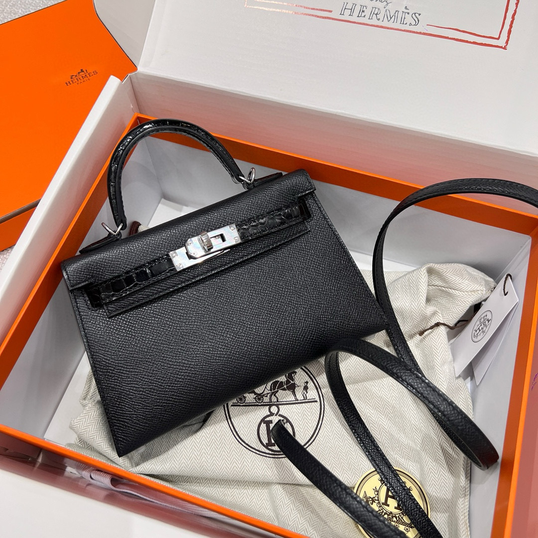 에르메스 Hermes Mini Kelly Epsom and Alligator 89 Noir/silver