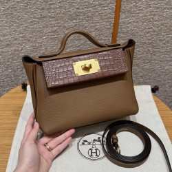 에르메스 Hermes Kelly 2424 21cm Togo and Matte American crocodile 3G Alezan/gold