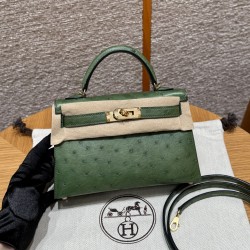 에르메스 Hermes Mini Kelly 19cm KK ostrich 61 Olive Green/gold