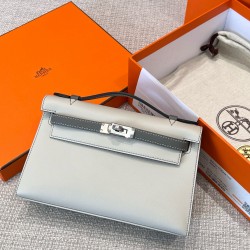 에르메스 Hermes Kelly Pochette Swift 8L beton and 0L Girs Meyer/silver