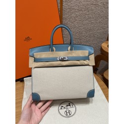 에르메스 Hermes Birkin 25cm Canvas and Swift 75 Bleu Jean/silver