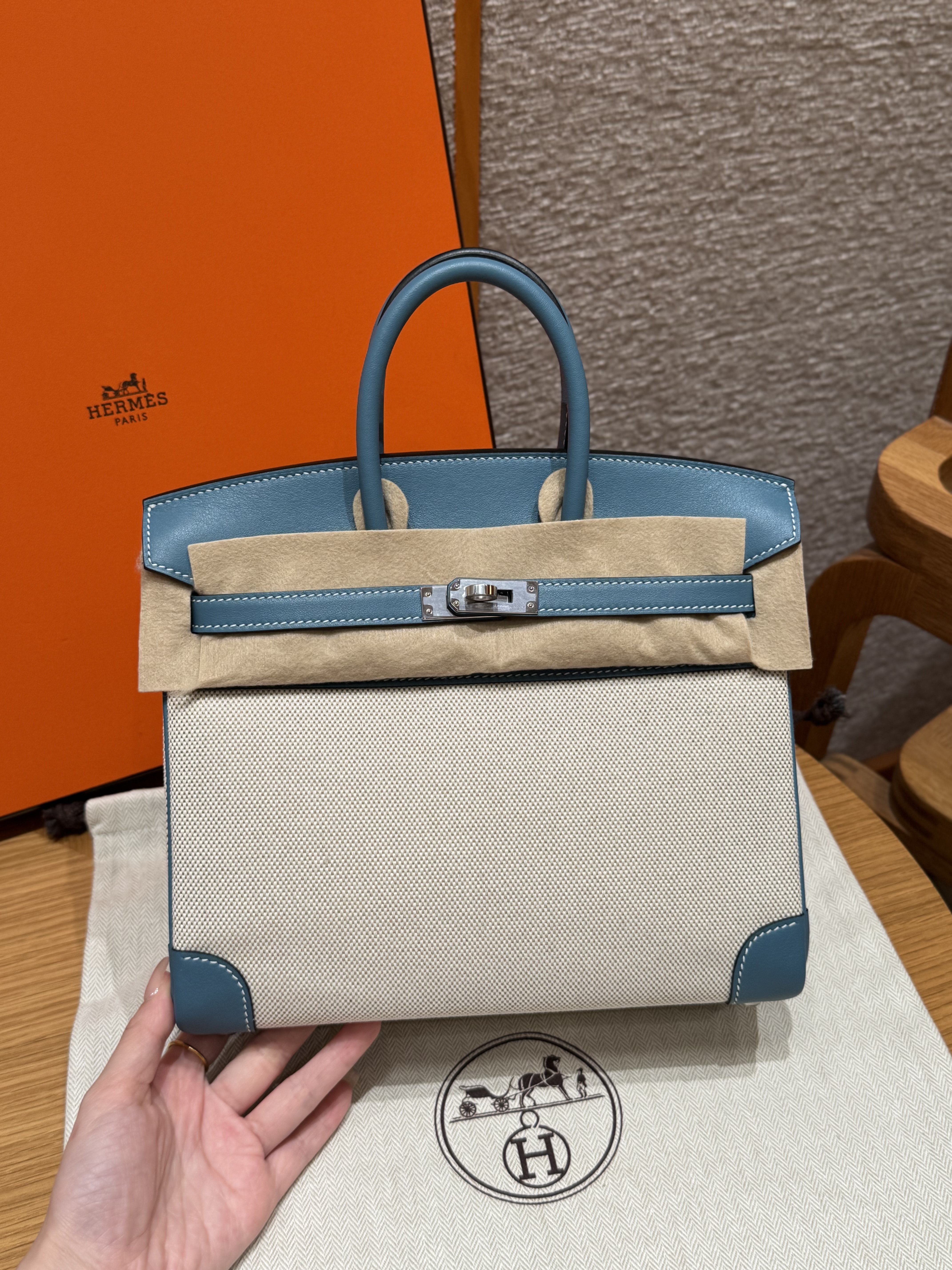 에르메스 Hermes Birkin 25cm Canvas and Swift 75 Bleu Jean/silver