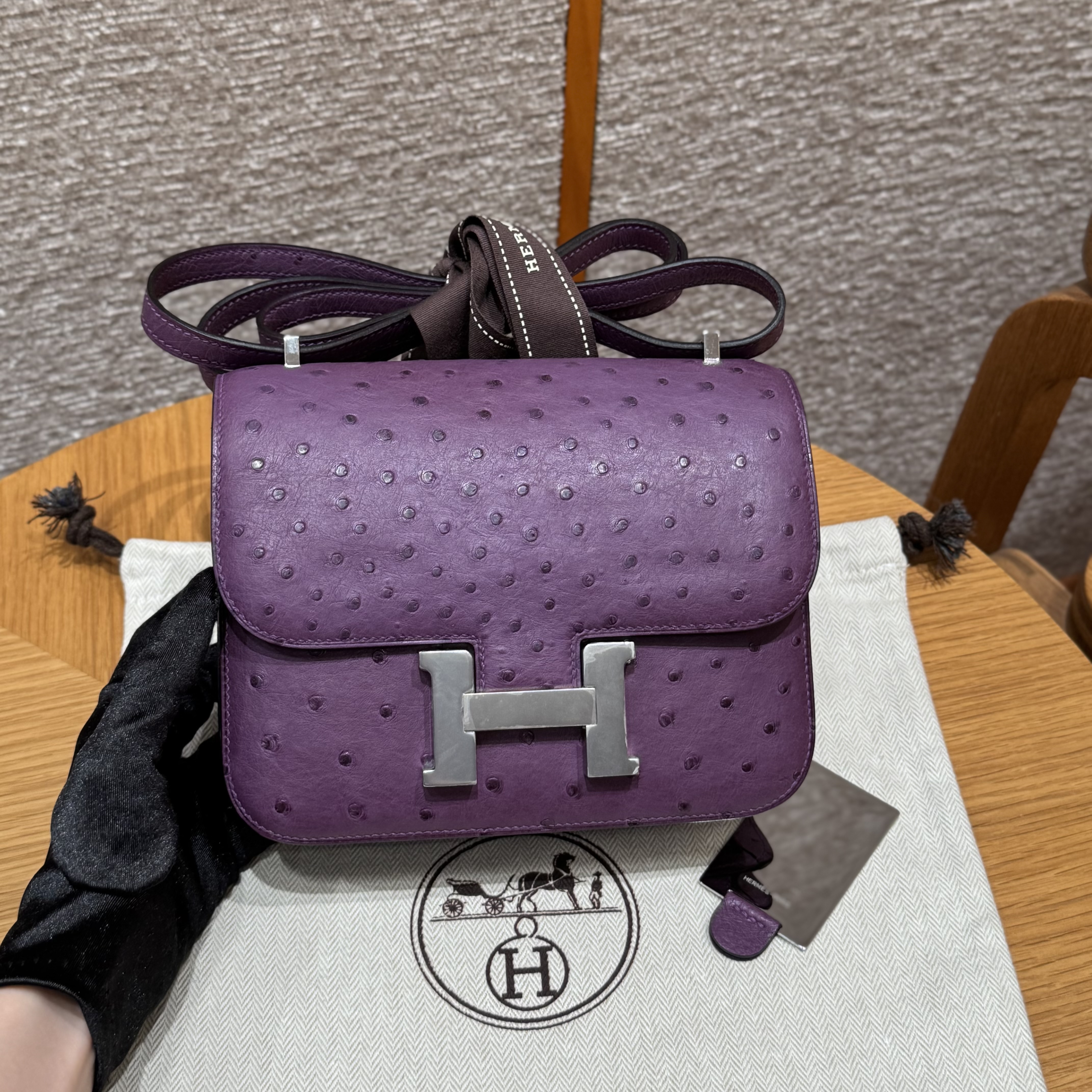 에르메스 Hermes Constance with mirror 19cm KK ostrich P9 Anemone/silver