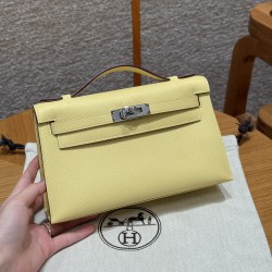 에르메스 Hermes Kelly Pochette 22cm Epsom 1Z Jaune Poussin/silver