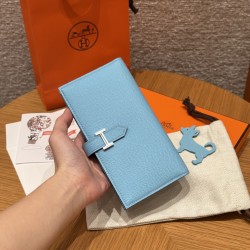 에르메스 Hermes Bearn wallet Soufflet 17.5cm Epsom 7N Celeste/silver