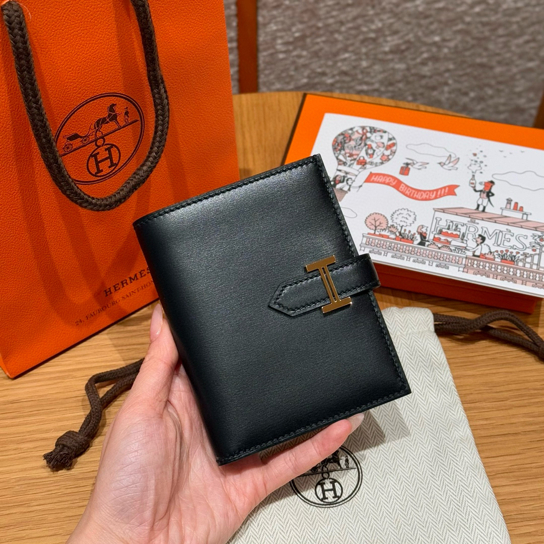 에르메스 Hermes Bearn Compact wallet 12cm Box 89 Noir/gold