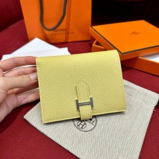 에르메스 Hermes Bearn Compact wallet 12cm Epsom 1Z Jaune Poussin and 10 Craie/silver