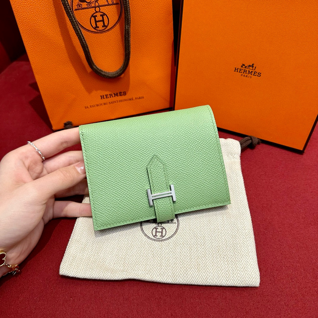에르메스 Hermes Bearn Compact wallet 12cm Epsom 3i Vert Criquent/silver