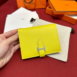 에르메스 Hermes Bearn Compact wallet 12cm Epsom 9R Lime and 5P Pink/silver