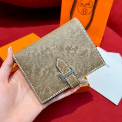 에르메스 Hermes Bearn Compact wallet 12cm Epsom 18 Etoupe/silver
