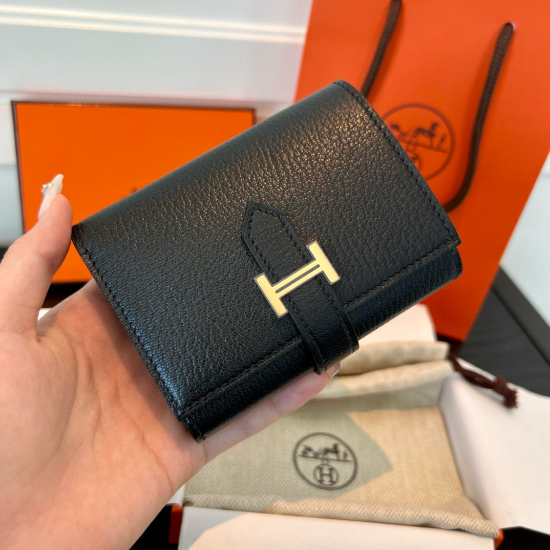 에르메스 Hermes Bearn combine wallet 11cm Chevre 89 Noir/gold