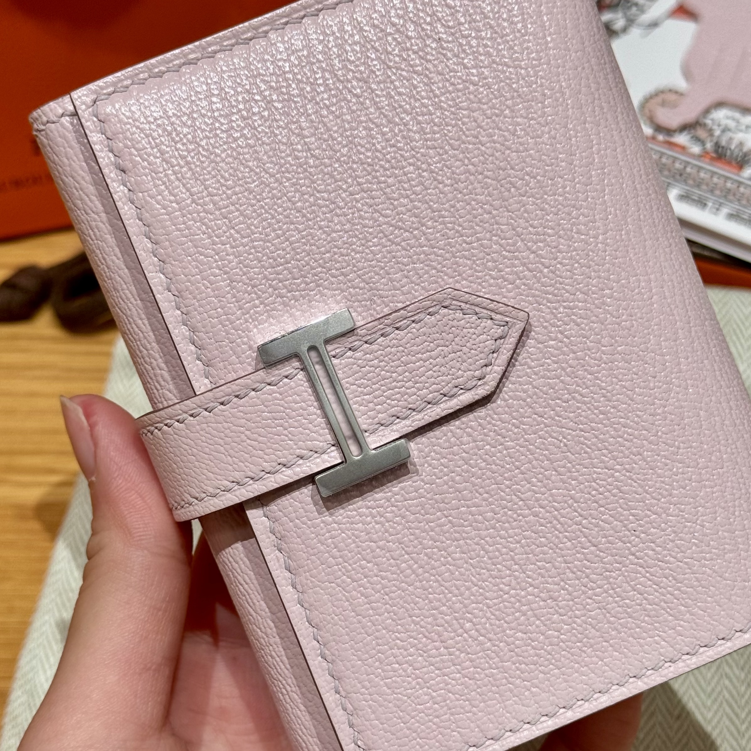 에르메스 Hermes Bearn combine wallet 11cm chèvre M7 Rose Darling/silver