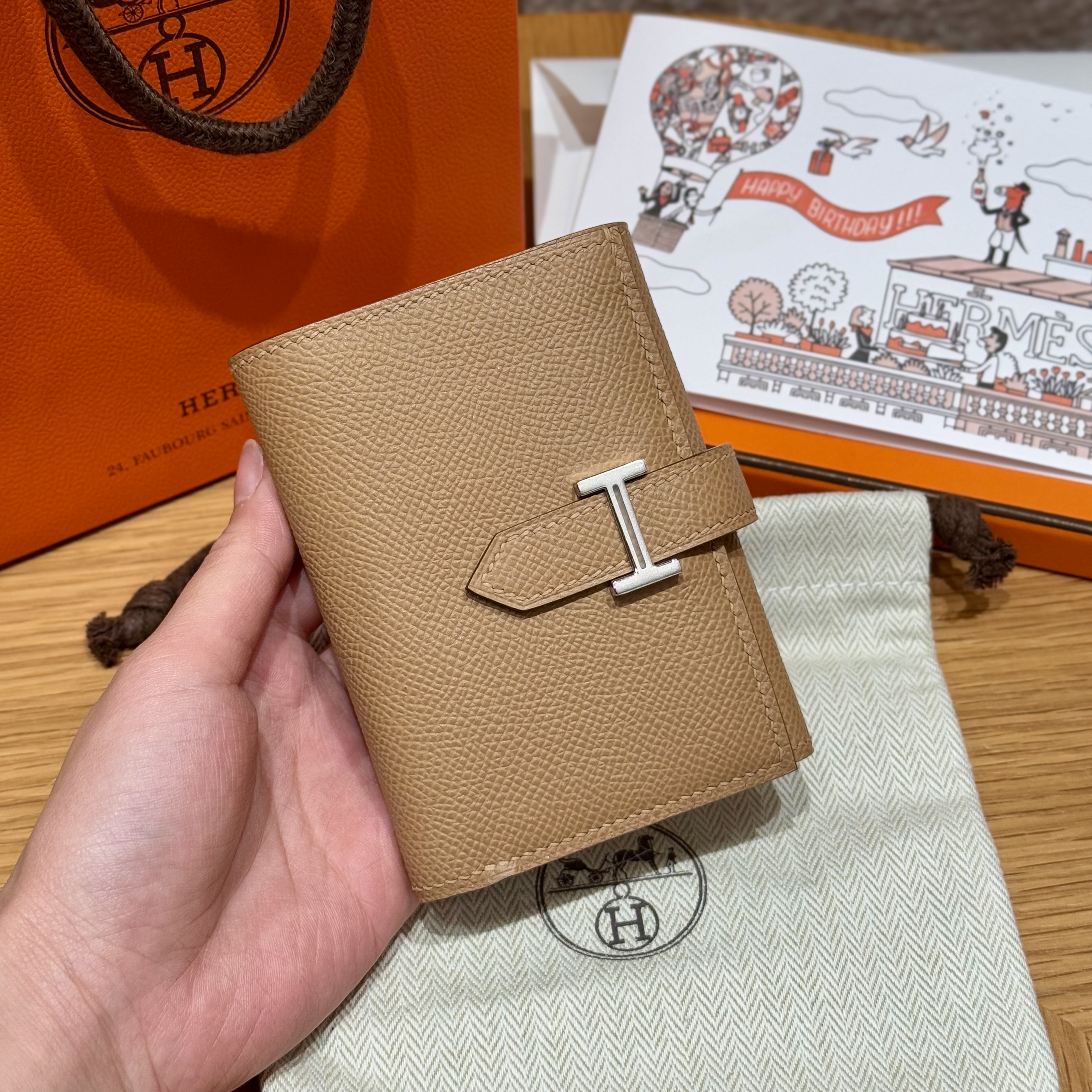 에르메스 Hermes Bearn combine wallet 11cm Epsom OM chai and i2 nata/silver