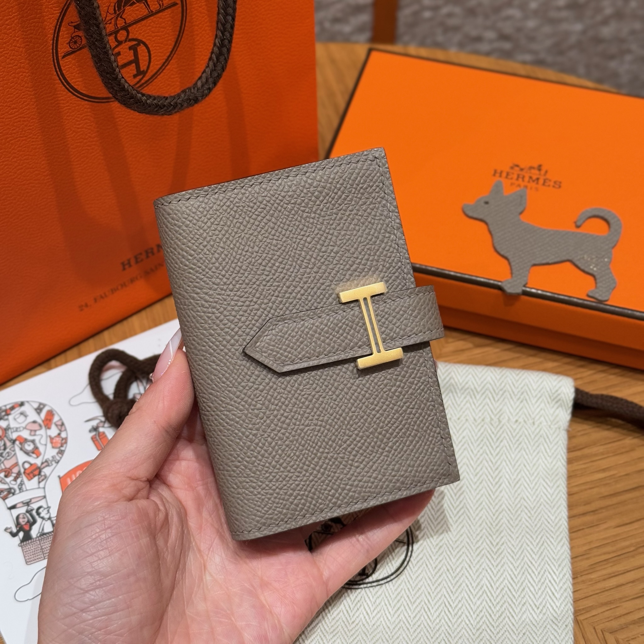 에르메스 Hermes Bearn card holder 10.3cm Epsom M8 Girs Ashphalte/gold