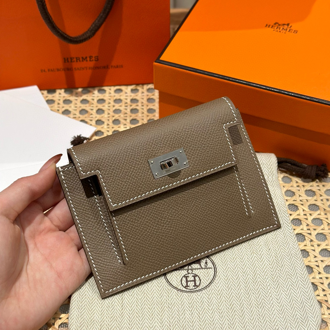 에르메스 Hermes Kelly pocket wallet 13cm Epsom 18 Etoupe/silver