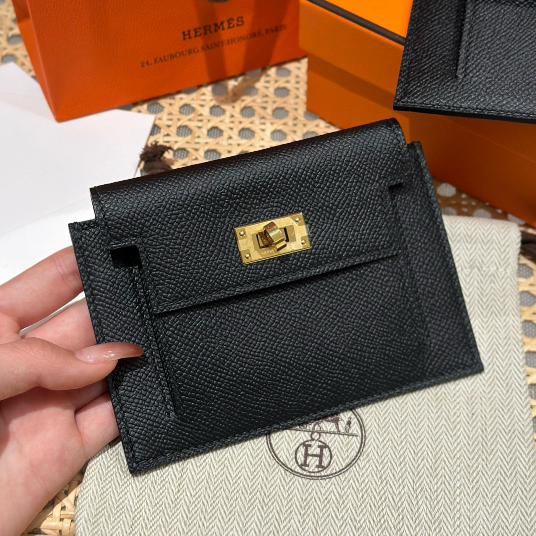 에르메스 Hermes Kelly pocket wallet 13cm Epsom 89 Noir/gold