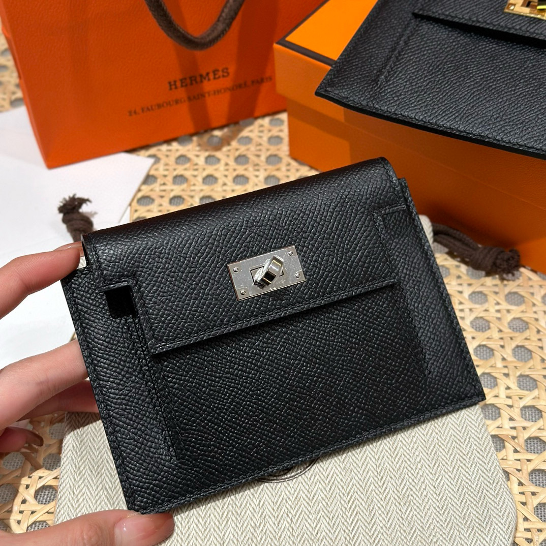에르메스 Hermes Kelly pocket wallet 13cm Epsom 89 Noir/silver