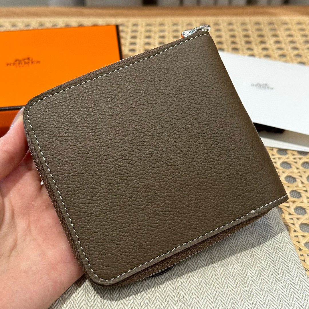 에르메스 Hermes Zipengo II Chaine d'Ancre Wallet 12cm Evercolor 18 Etoupe/sliver