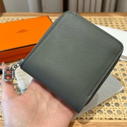 에르메스 Hermes Zipengo II Chaine d'Ancre Wallet 12cm Evercolor 63 Vert Amande/sliver
