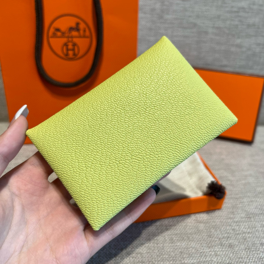에르메스 Hermes Calvin Card Holder 10.5cm chèvre R9 Jaune Bourgeon/silver