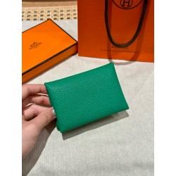 에르메스 Hermes Calvin duo Card Holder 10.5cm chèvre 6W Menthe and WO Vert Bosphore/silver
