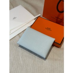 에르메스 Hermes Calvin duo Card Holder 10.5cm chèvre 08 Blue pale and 36 Brique/silver