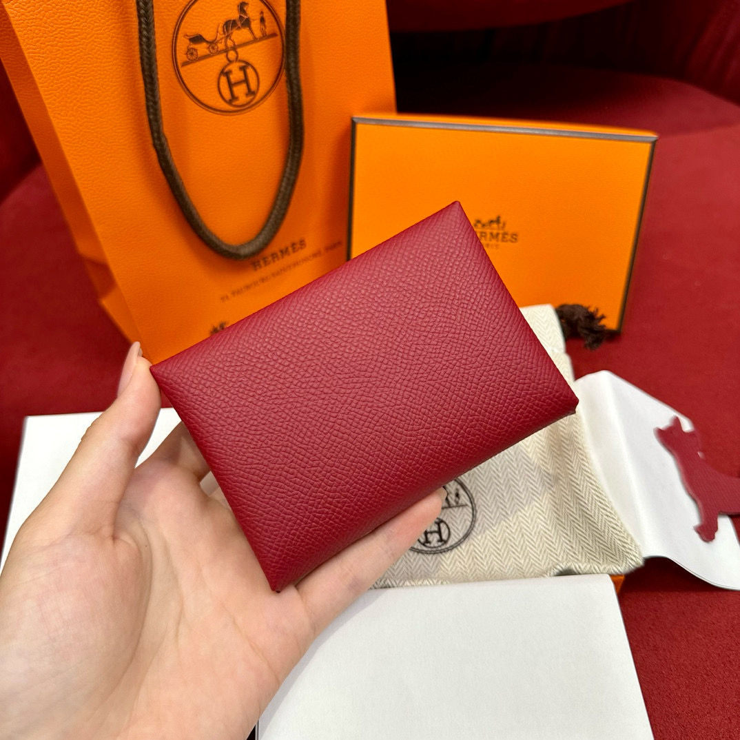 에르메스 Hermes Calvin duo Card Holder 10.5cm Epsom K1 Rouge grenat and X9 Mauve/silver