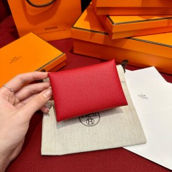 에르메스 Hermes Calvin duo Card Holder 10.5cm Epsom Q5 Rouge casque/silver