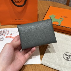 에르메스 Hermes Calvin duo Card Holder 10.5cm Evercolor 63 Amande and 80 Gris Perle/silver