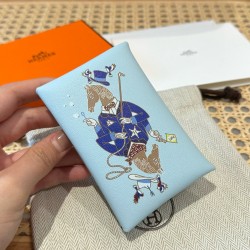 에르메스 Hermes Calvin duo Card Holder 10.5cm Chèvre T0 Blue Brume/silver