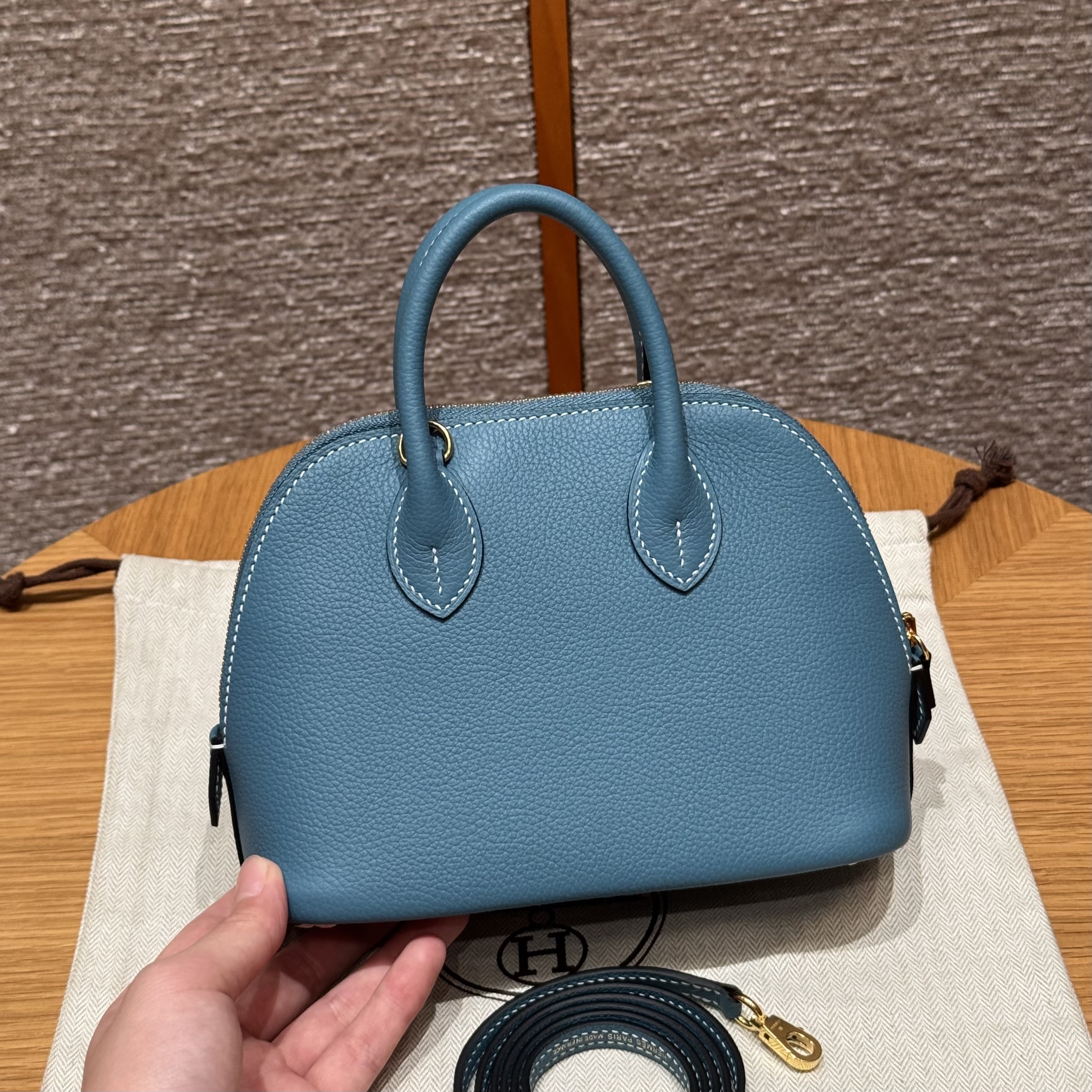 에르메스 Hermes Mini Bolide 18cm Evercolor 75 Blue Jean/gold