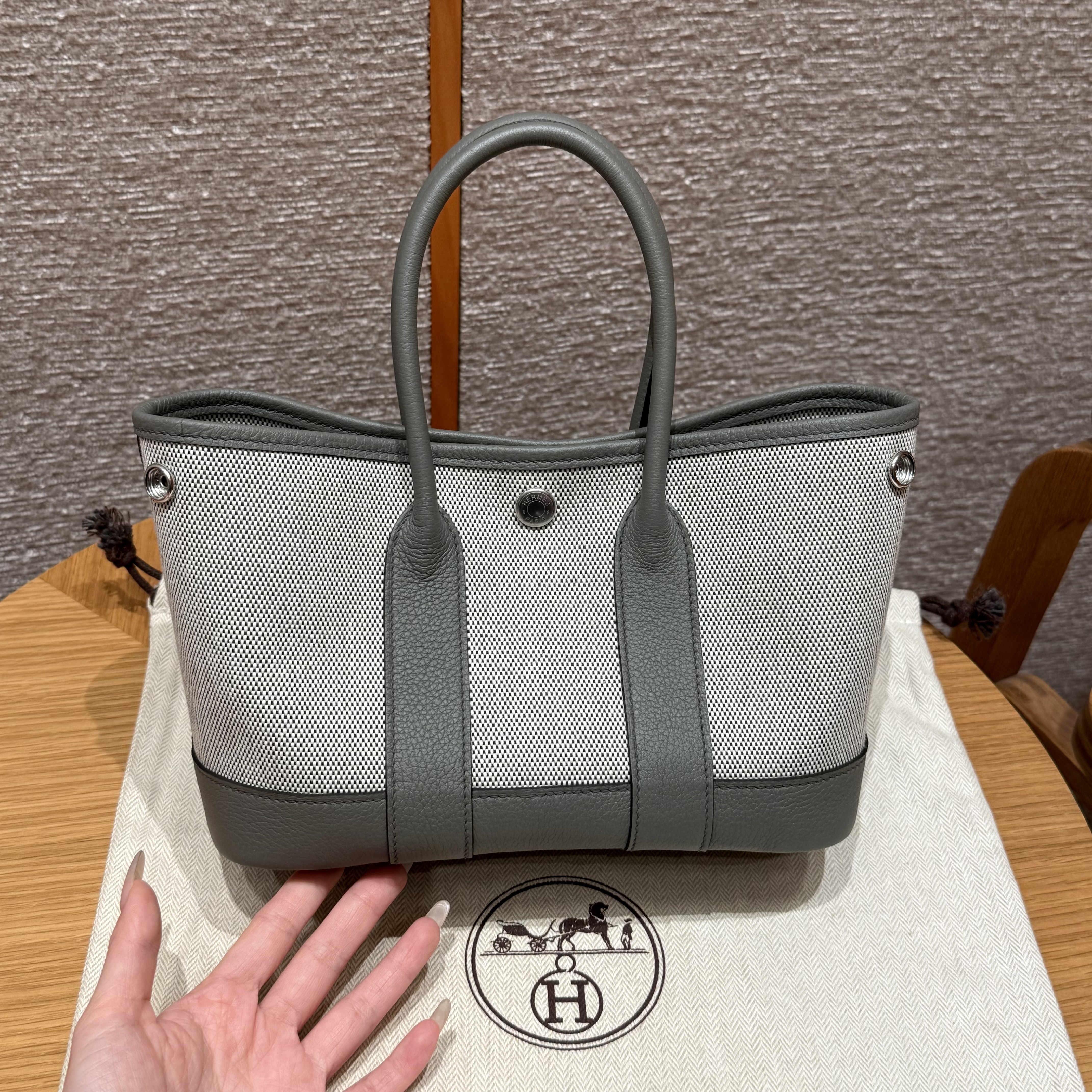 에르메스 Hermes Garden party mini 23cm Canbas and Negonda ecru noir mangrove