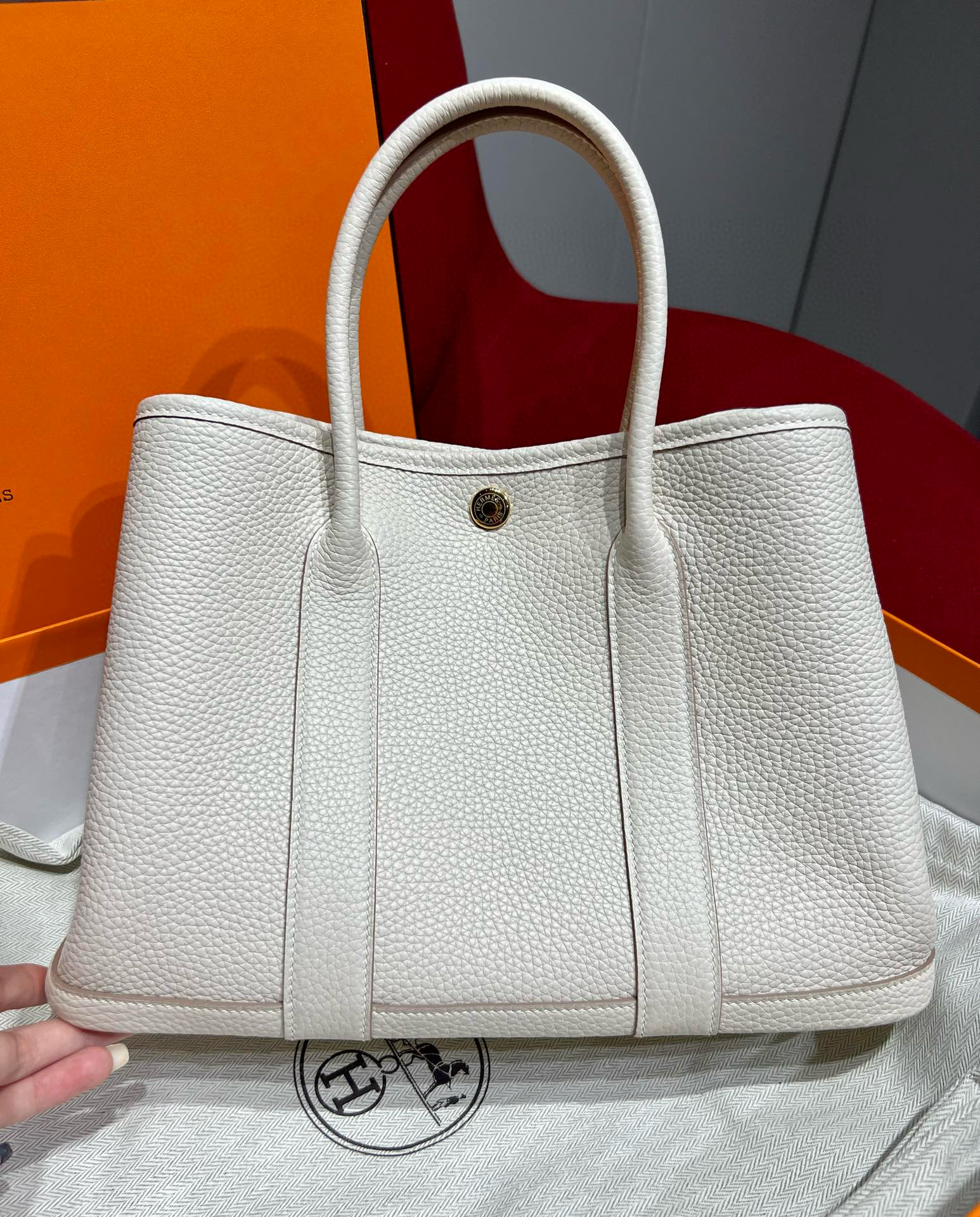 에르메스 Hermes Garden party 30cm Clemence 10 Craie/gold