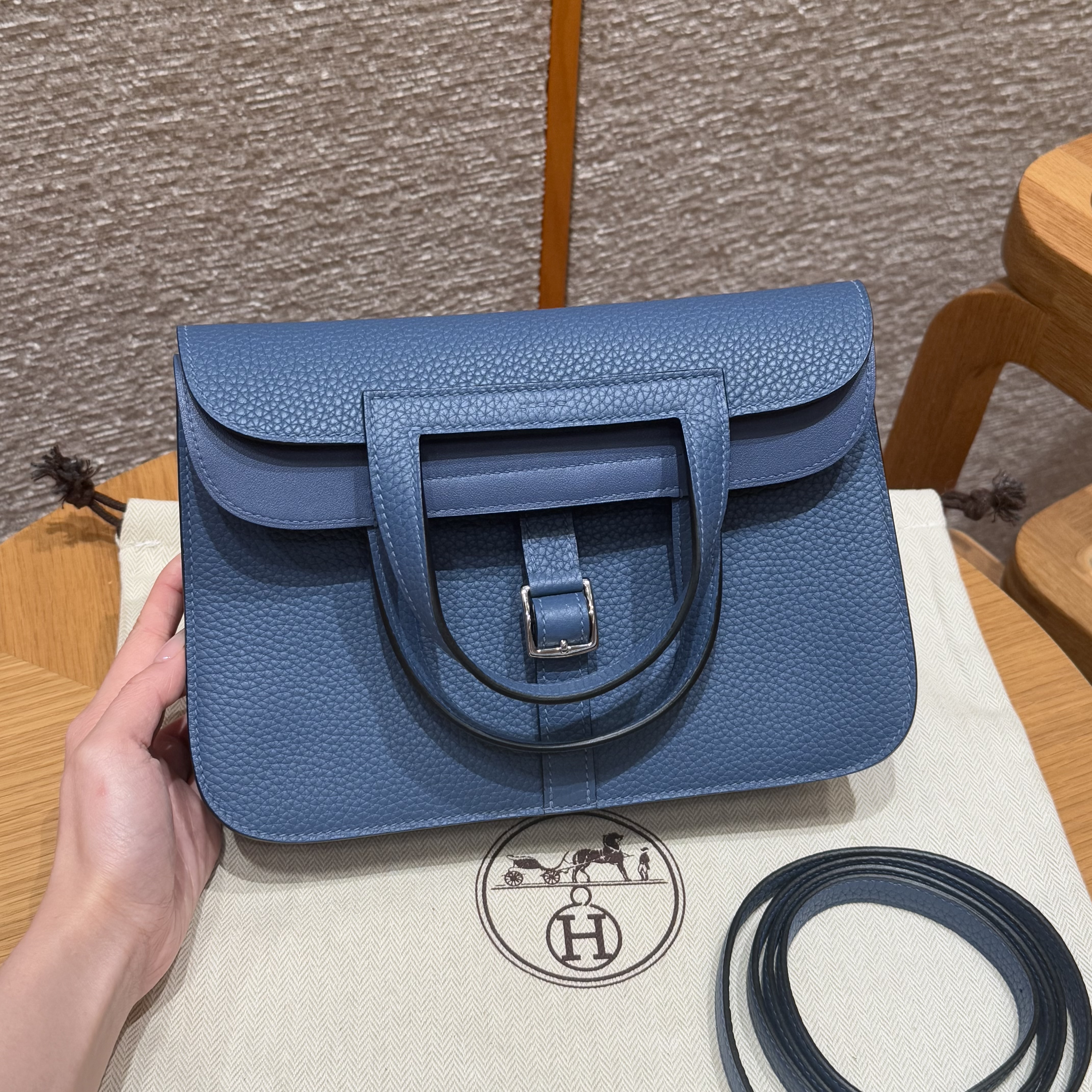 에르메스 Hermes Halzan 25cm clemence 7E Blue brighton/silver