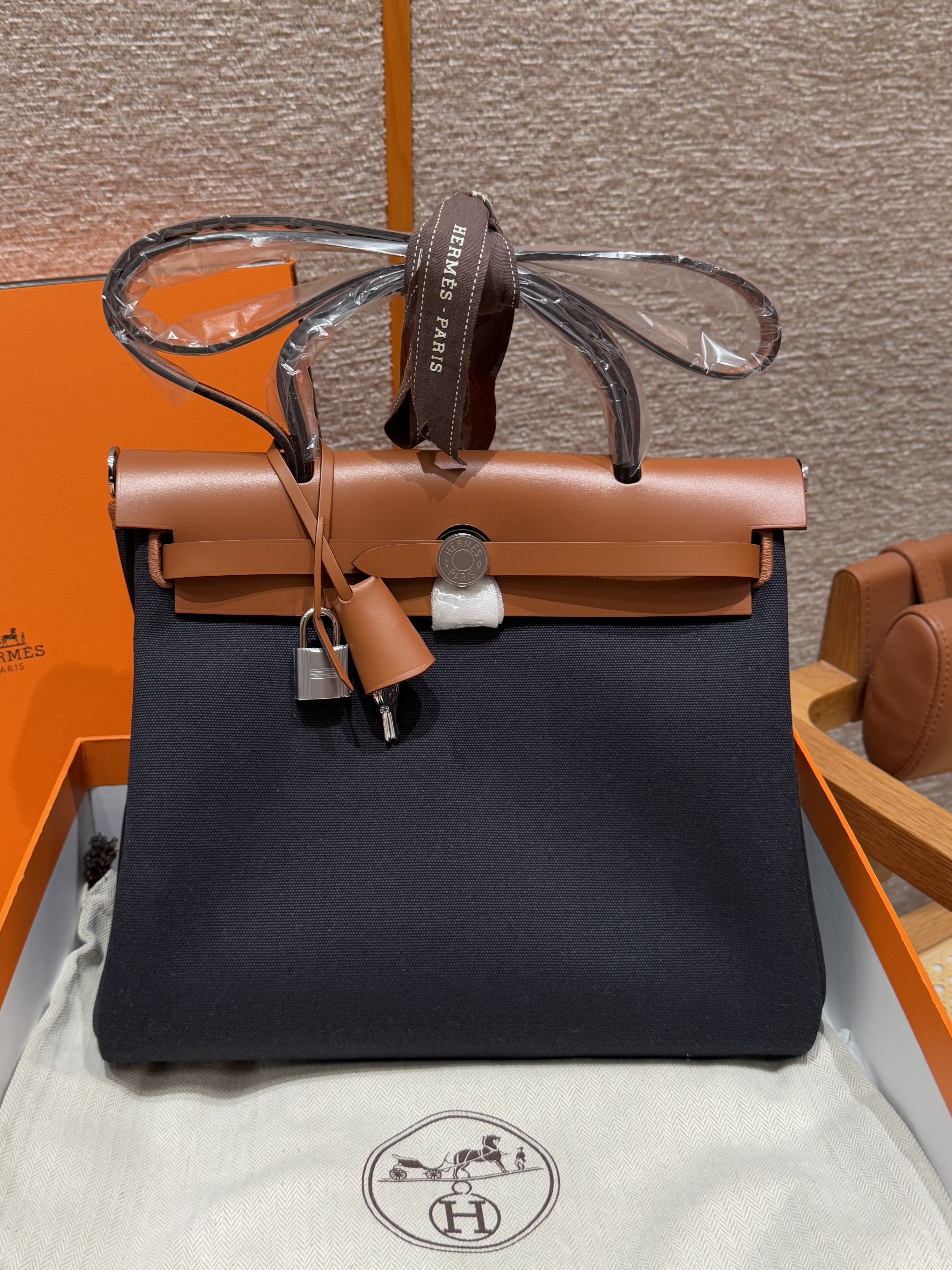 에르메스 Hermes Herbag 31cm canvas and cowhide 7U Blue navy-fauve/silver