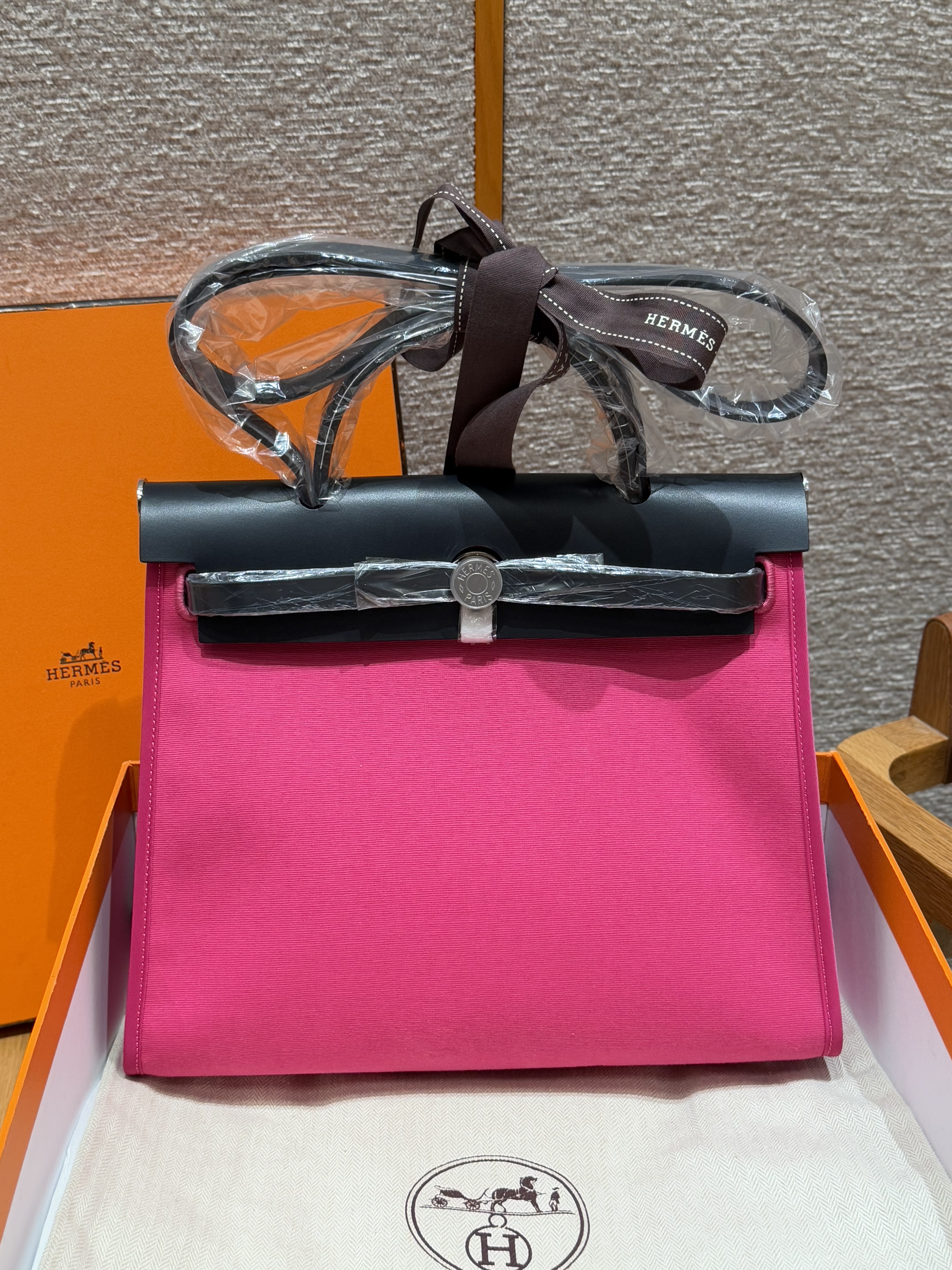 에르메스 Hermes Herbag 31cm canvas and cowhide 9i Magnolia and 73 Blue saphir/silver