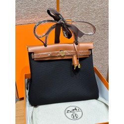 에르메스 Hermes Herbag 31cm canvas and cowhide Black&37 Gold/gold