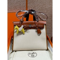 에르메스 Hermes Herbag 31cm canvas and cowhide Coffee/silver