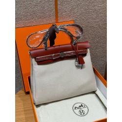 에르메스 Hermes Herbag 31cm canvas and cowhide Wine red/silver